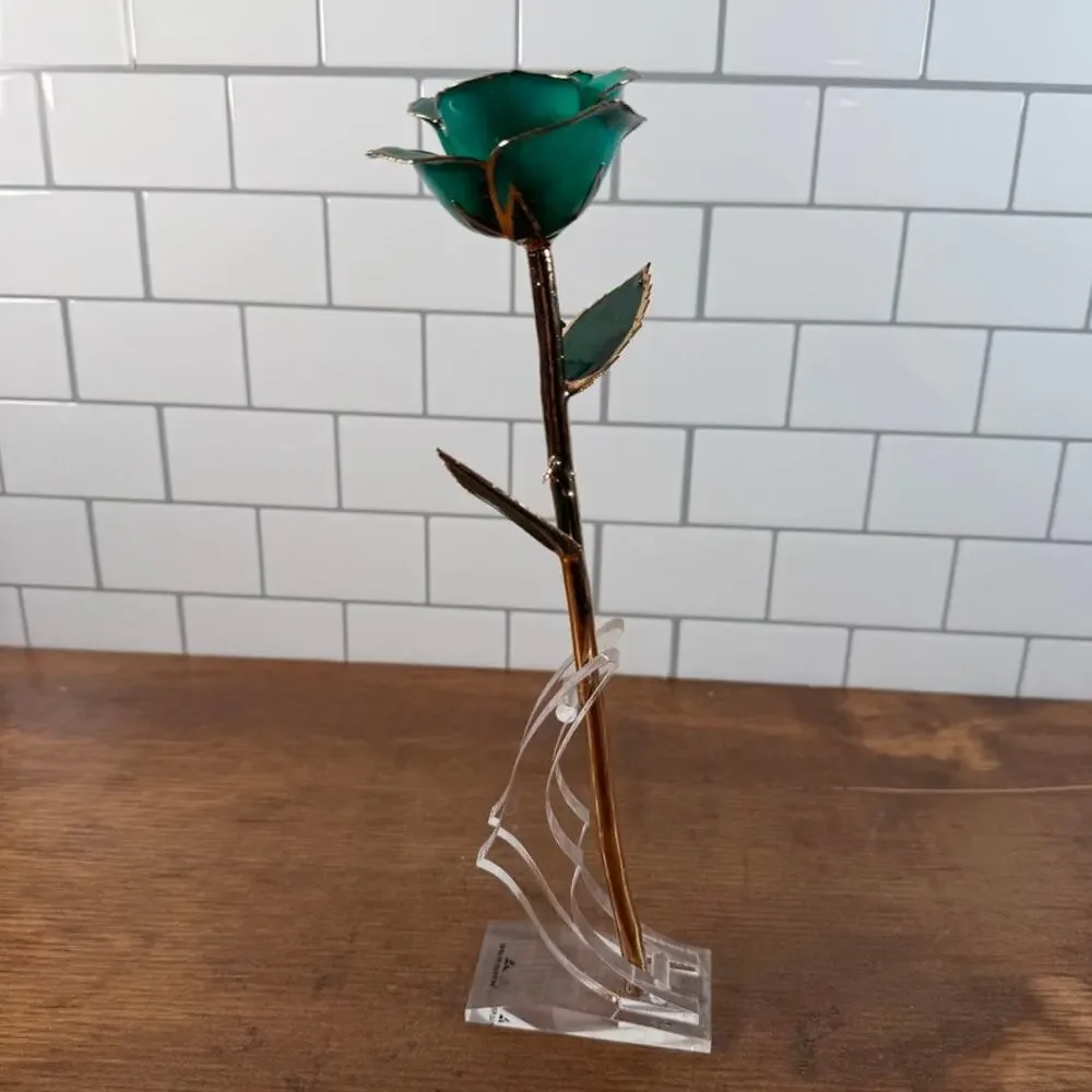 DeFaith 24k Gold Dipped Lacquered Green Rose with Acrylic Stand